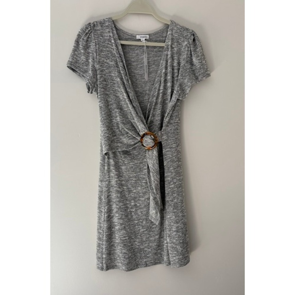 Eyeshadow Gray Space Dye Knit Mini Dress V-Neck O-Ring Short Puff Sleeve Medium